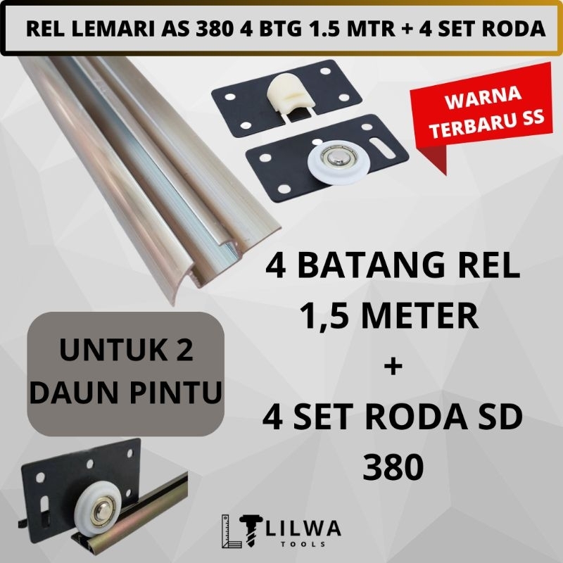 Rel Sliding Timbul 380 Twin 4 Batang 1.5 Meter + 4 Set Roda SD 380 Harfit Paket 2 Daun Pintu Lemari 