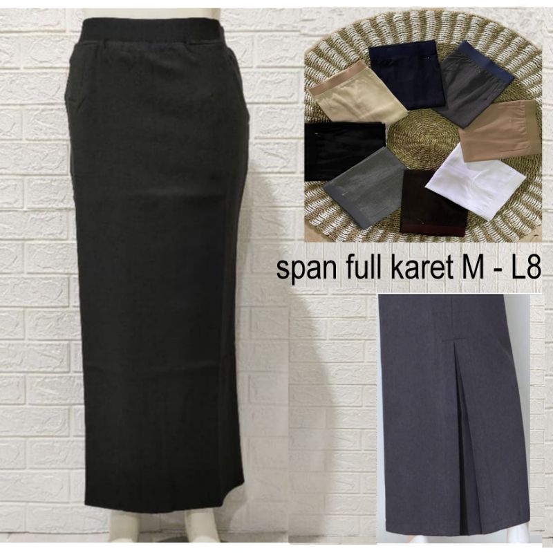 Rok Span Rampel Pinggang Full Karet Rok Kerja Span M - L8