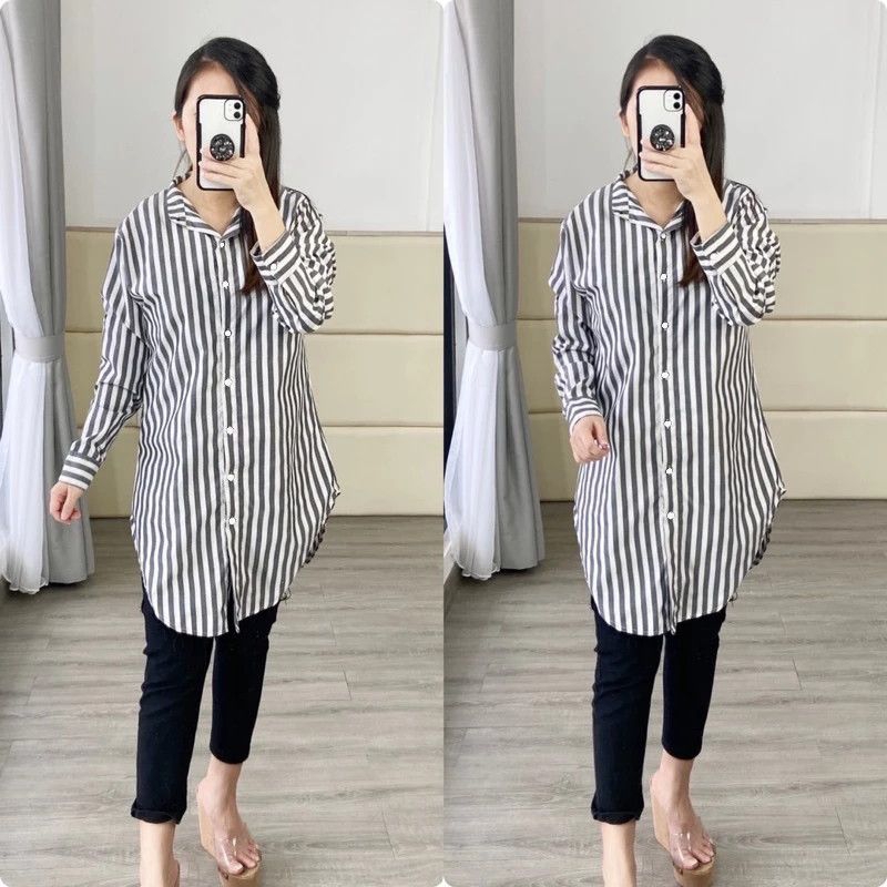 Tunik Long Dress Kemeja Wanita Muslim Motif Salur Garis Terbaru Bahan Kantun Rayon