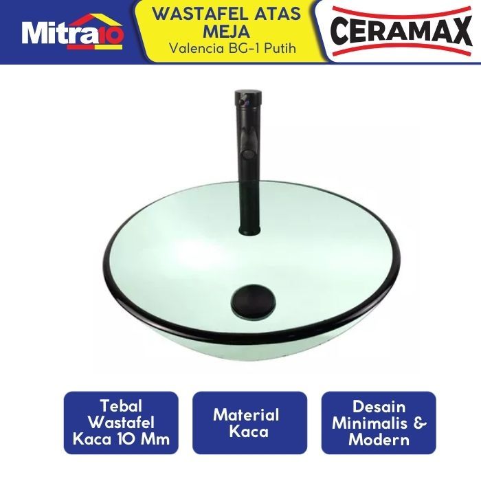 Ceramax Wastafel Kaca Atas Meja Valencia Bg-1 Putih