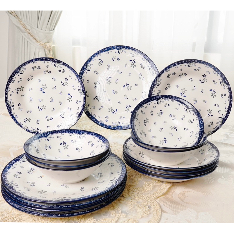 6 pc dinner set biru putih / dinner set keramik / piring makan keramik biru putih