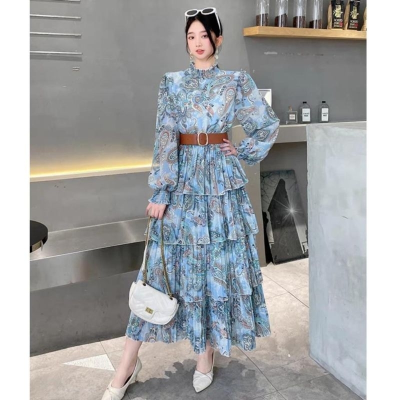 74410 Fashion Maxi long dress dres lengan panjang rempel tingkat ngembang megar bunga bunga plisket 