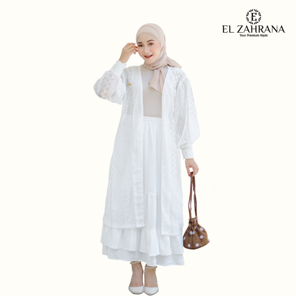 Outer Brukat Putih Lengan Panjang Long Outer AllSize By El Zahrana Free Acesories Hijab