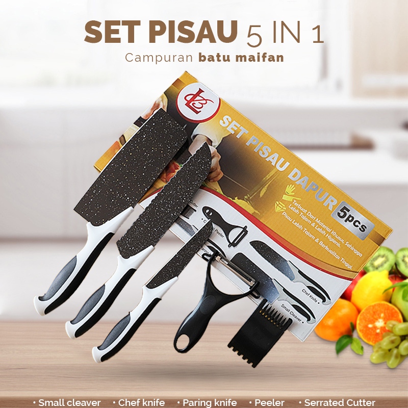 COD PARTYHOUSE- J13 - Set Pisau Dapur Isi 5 pcs Hitam / Set Pisau Dapur Viral Pisau Batu Maifan Anti