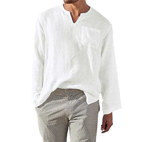 Kemeja Linen Pria Model Kerah V-Neck Atasan Kekinian Cowok Keren