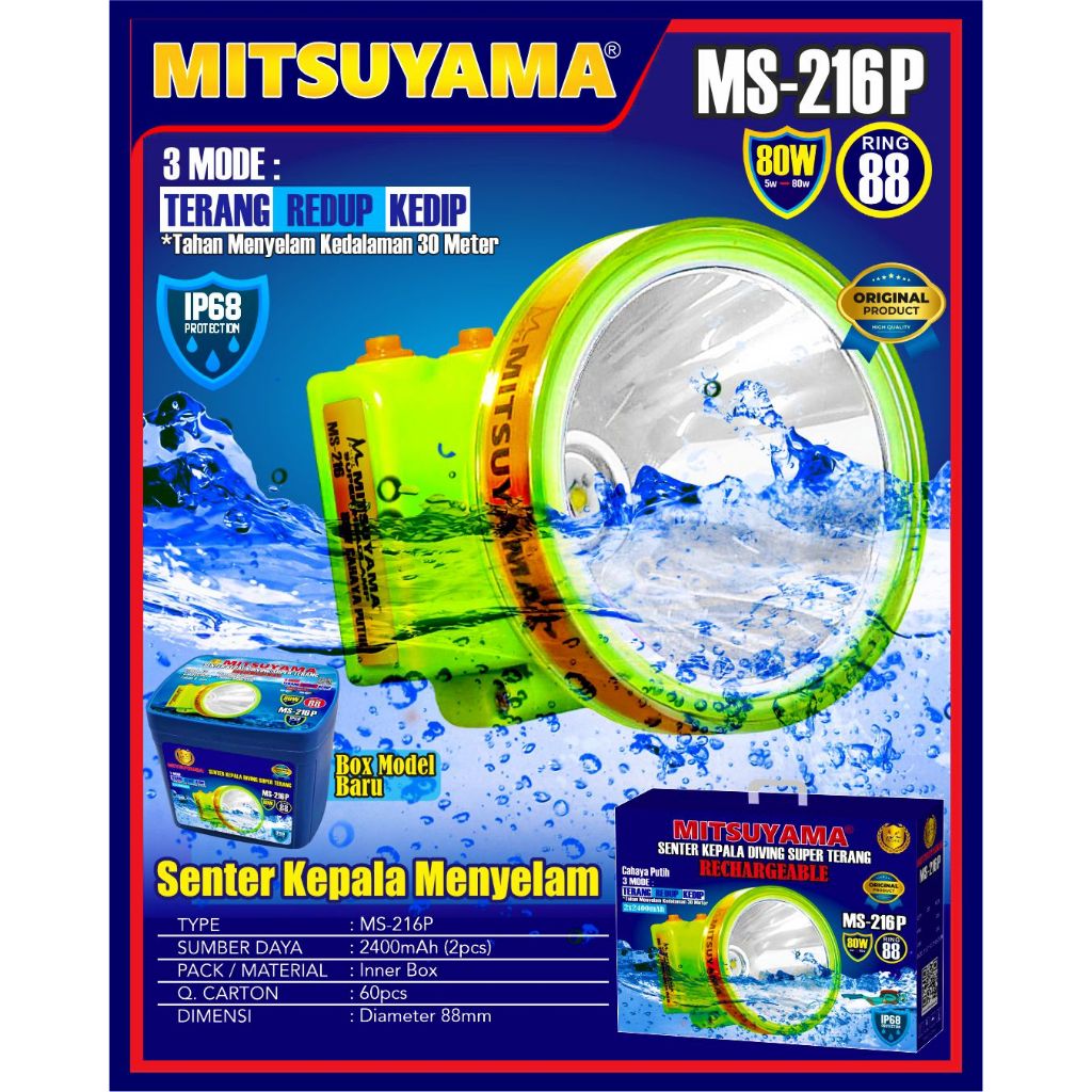 SENTER KEPALA SELAM 80 WATT MITSUYAMA MS-216P - CAHAYA TERANG DAN TAHAN LAMA