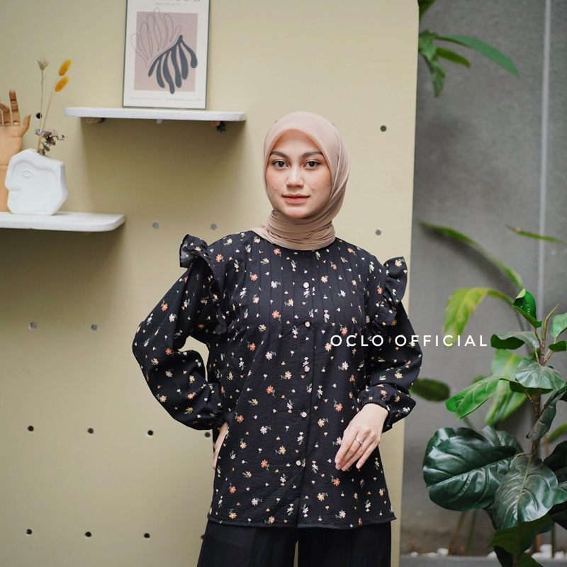 Oclo Himika Blouse atasan wanita Blus Crinkle Casual Motif Bunga-bunga