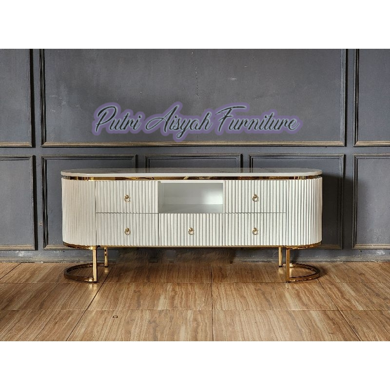 Meja tv oval marmer asli kombinasi kaki besi gold