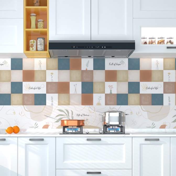 HARGA SPESIAL wallpaper dapur anti minyak dan panas motif abstrak kotak warna biru - B007, 60cm * 10