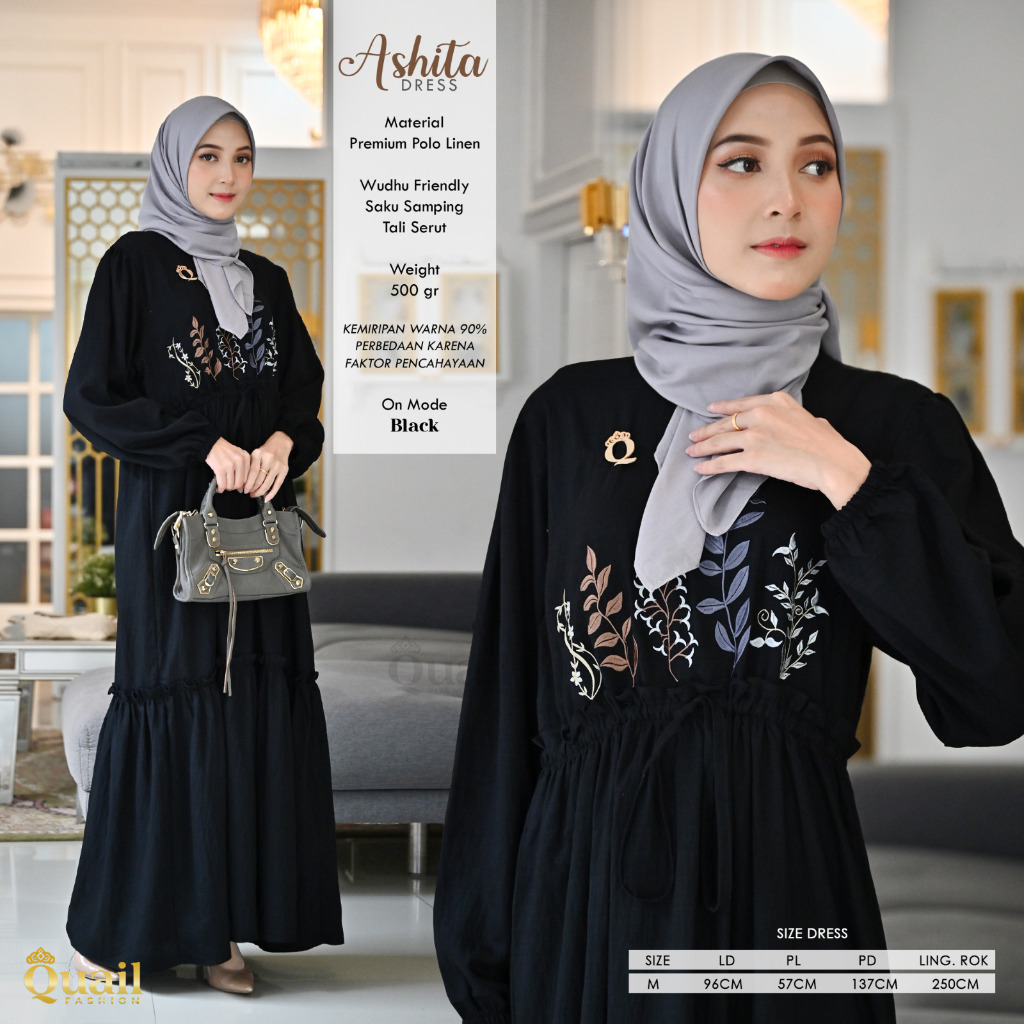 ASHITA DRESS Gamis Bordir Serut Pinggang by Quail Hijab Ori Murah