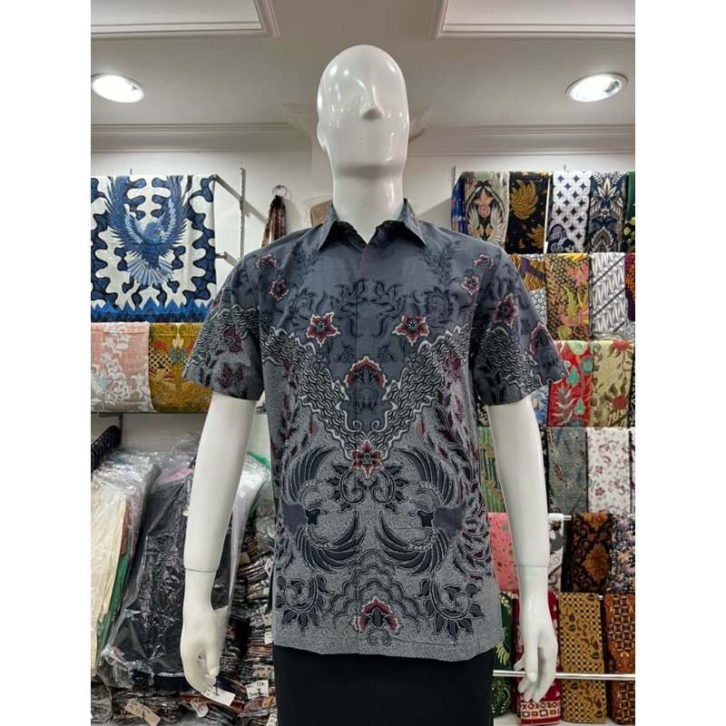 kemeja pria katun tangan pendek motif burung 2 abu