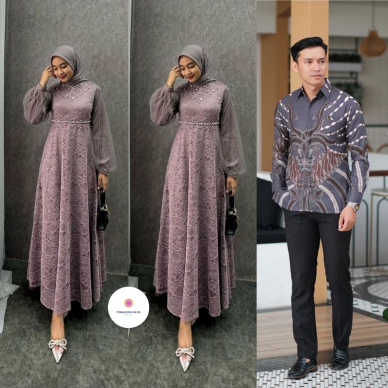 Batik Couple Gamis Brokat Terbaru Couple Kondangan Couple Tunangan Modern Jumbo,Dress Brokat Couple 