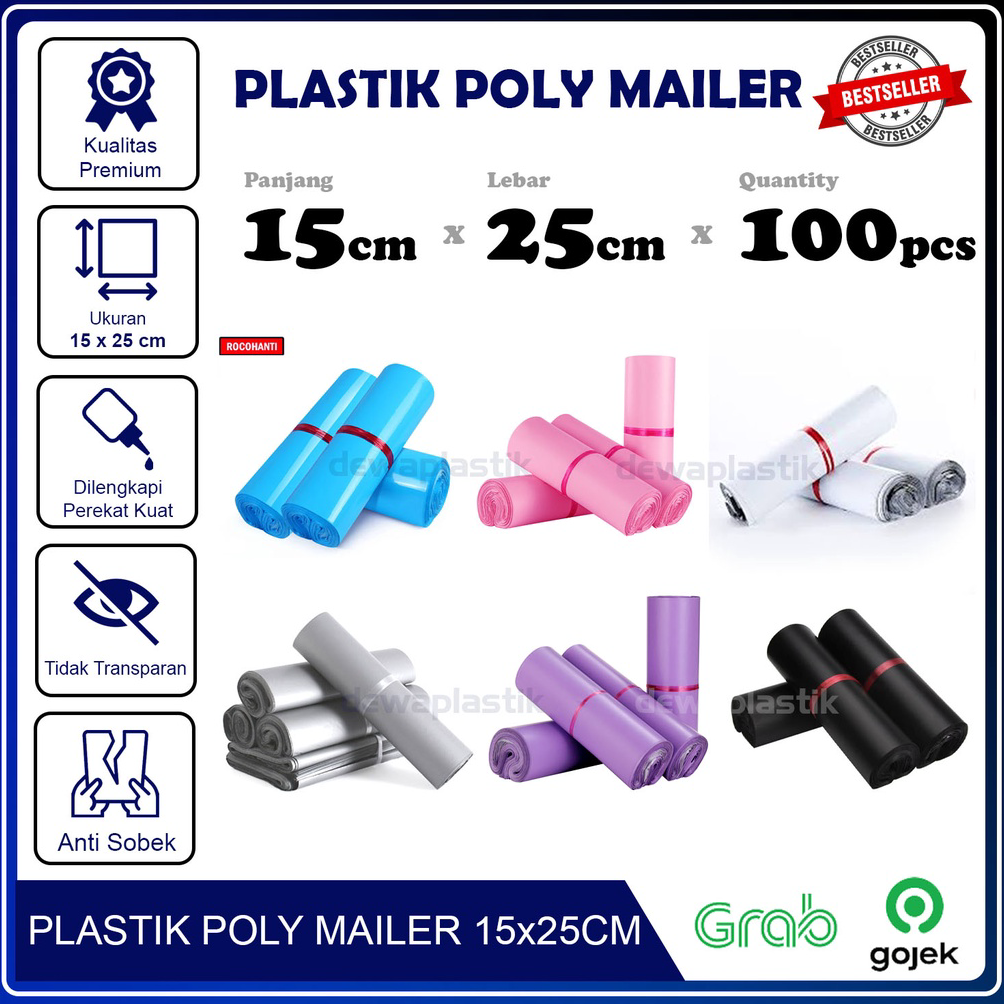 

8.8 STOK READY Poly Mailer 15x25 cm Isi 100 Pcs Polymailer Kantong Plastik LDPE Amplop Packaging 15 x 25 cm Plastik Packing 15x25cm Kantong Paket 15 x 25cm Isi 100pcs Warna Biru Baby Blue Pink Merah Muda Putih Abu Silver Ungu Lavender Hitam