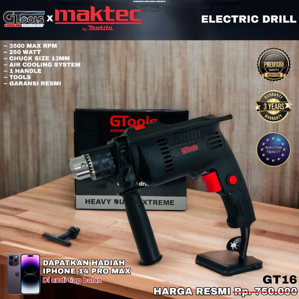 Flazshale Maktec Bor Listrik 13MM GTOOLS GT16 Garansi Resmi 3thn Bor Tembok Besi Kayu Impact Drill V