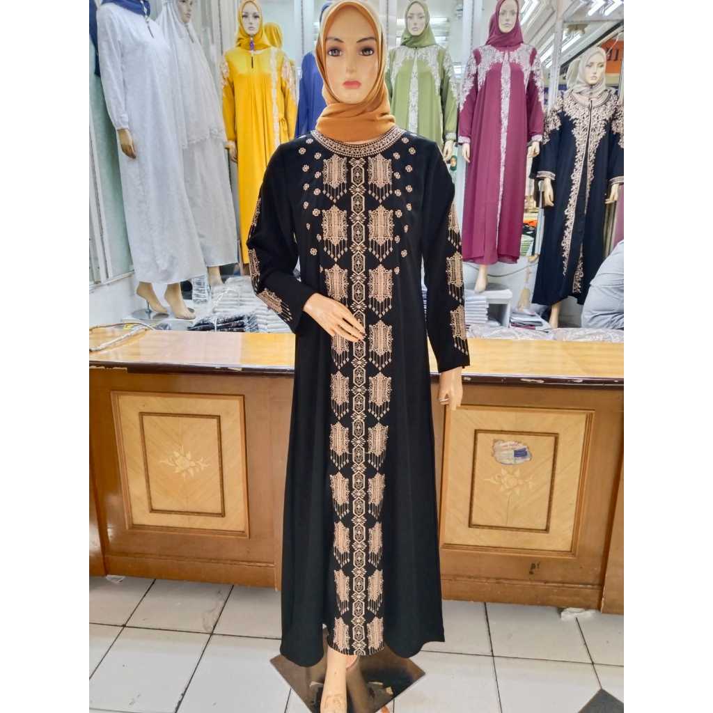 ABAYA HITAM BORDIR MERK ALFIN MOTIF PINTO ACEH / GAMIS HITAM BORDIR / GAMIS BORDIR