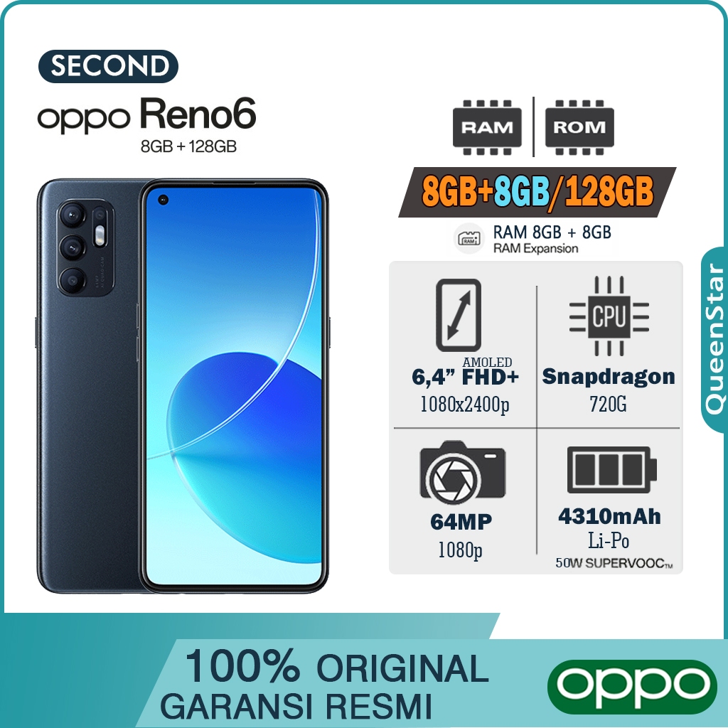 Hanphone Second OPPO Reno6 8GB/128GB Fullset Lengkap Normal