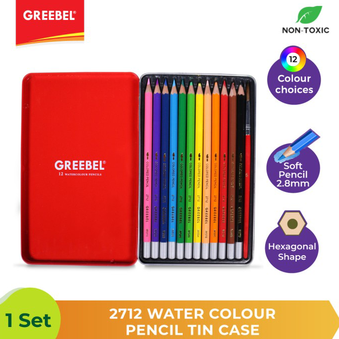 

TERBARU⚡ Pensil Warna Greebel 2712 Water Colour Pencil Tin Case - 12pcs + Kuas.