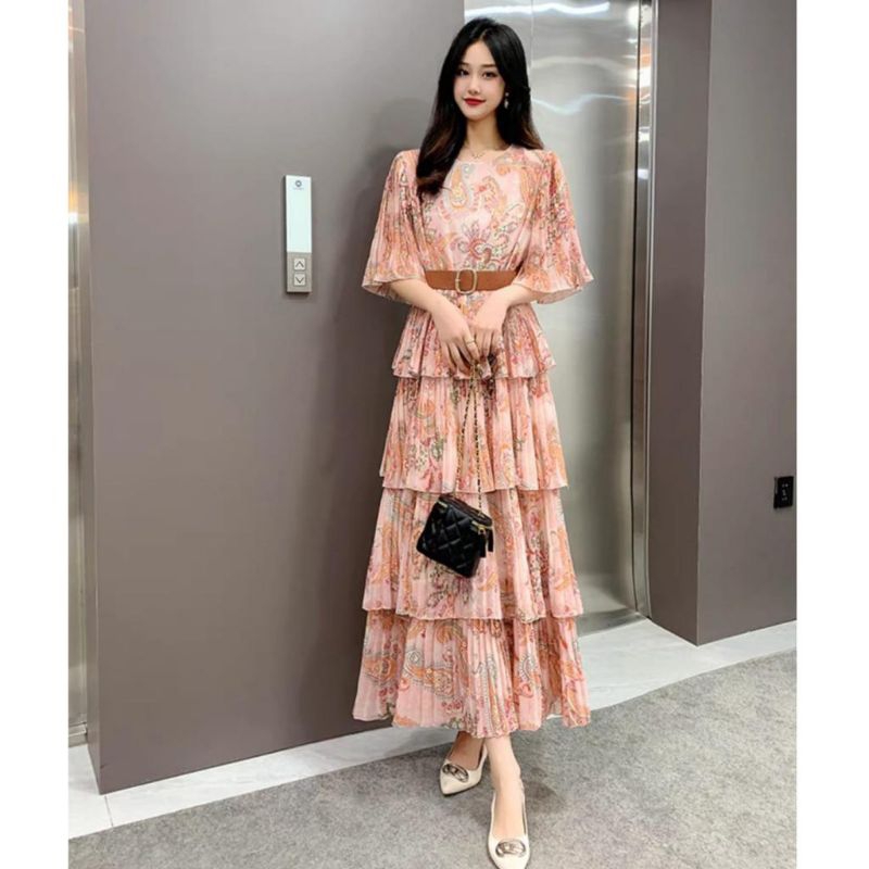 64410 Fashion Maxi long dress dres maxidress lengan pendek bunga bunga bunga2 rempel tingkat ngemban