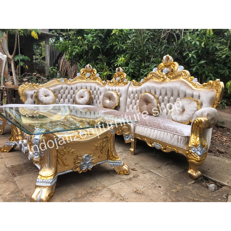 Sofa sudut sofa L mewah  kursi tamu sofa mahkota kayu jati asli