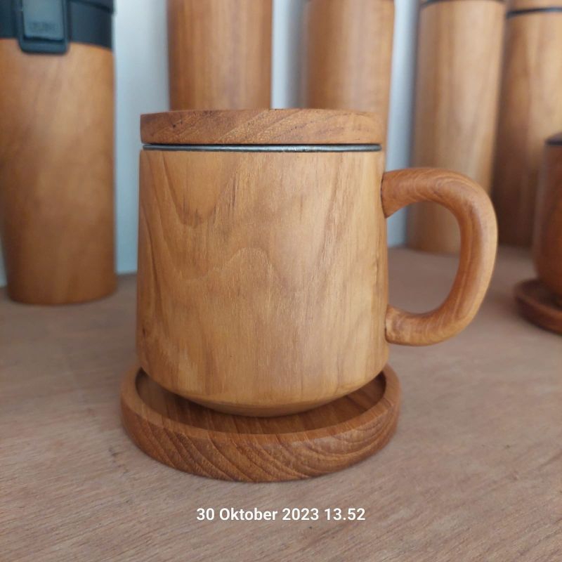 cangkir kopi teh mug kayu jati antik