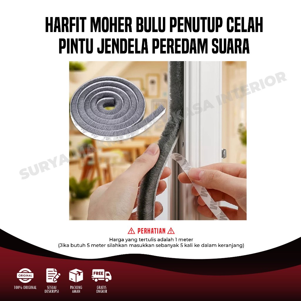 [PER METER] Seal Door Seal Peredam Perekat 3M Penutup Celah Pintu dan Jendela Bulu Halus Mohar Moher