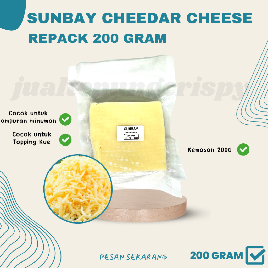 

Repack 200 Gram Sunbay Cheedar Cheese / Keju Parut Halal