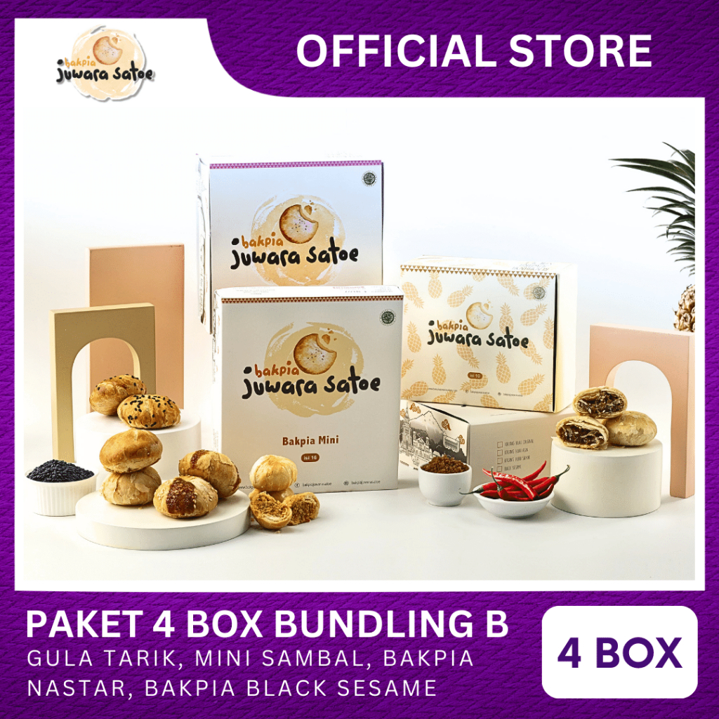 

[ 4 BOX ] PAKET BUNDLING B (GULA TARIK,MINI SAMBAL,BAKPIA NASTAR,BLACK SESAME) - BAKPIA JUWARA SATOE