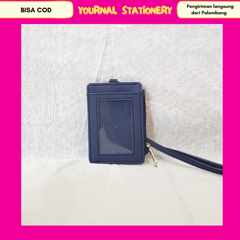 

Lanyard Flashee Resleting Name Tag ID Card Holder Biru Tua Kulit Termurah 1 Slot Depan PU Leather Lanyard NameTag ID Card Holder