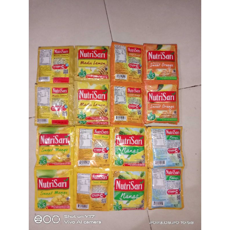 

Nutrisari Madu Lemon 11gr, Nutrisari American Sweet Orange 11gr, Nutrisari Sweet Mango 11gr, Nutrisari Nanas 11gr, Nutrisari Blewah 11gr, Nutrisari Jeruk Maroko 11gr, Nutrisari Jeruk Extra Manis 11gr, Nutrisari Cincau 11gr