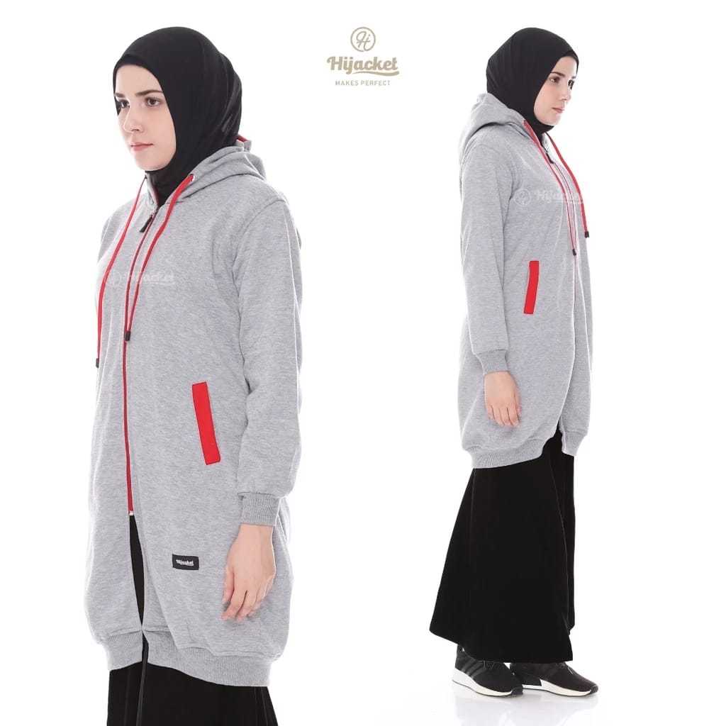 HIJACKET - Jaket Hijaber BASIC Grey Red | Jaket Wanita Panjang | Outerwear For Hijaber