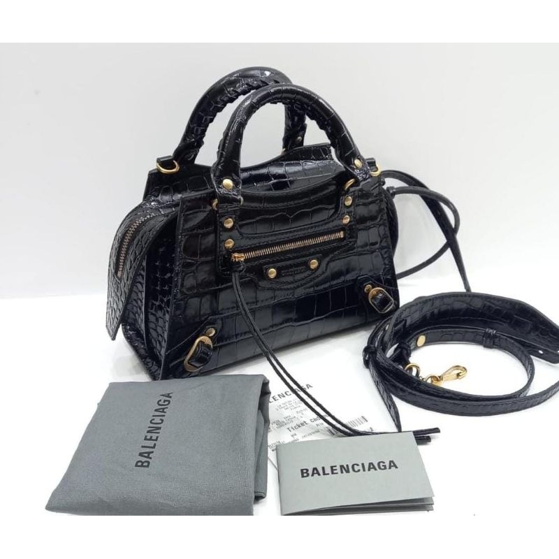 BALENCIAGA Neo city croco embossed mini black ghw