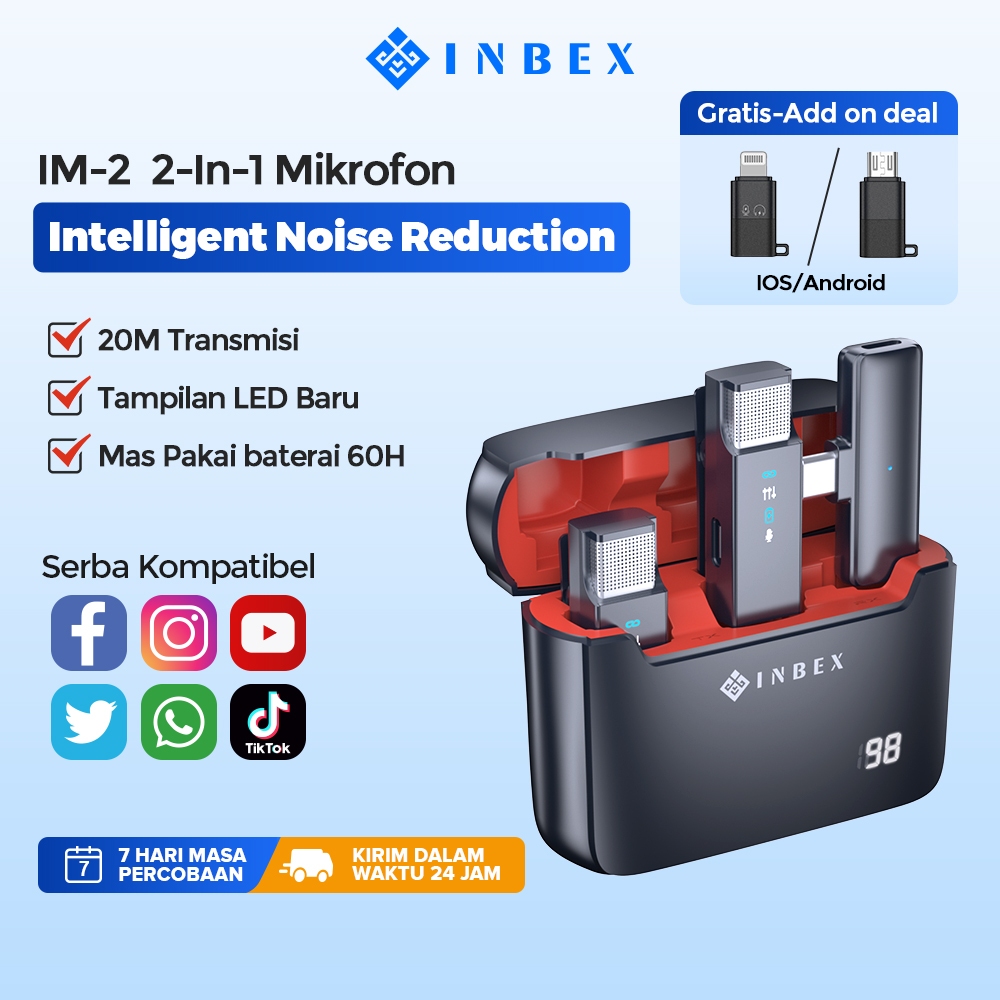 INBEX IM-2 Wireless Microphone Lavalier Microphone Youtuber/Nirkabel Mic Clip on Audio Video Microphone Live Video Plug &amp; Play Type C with IOS/Micro Adapter