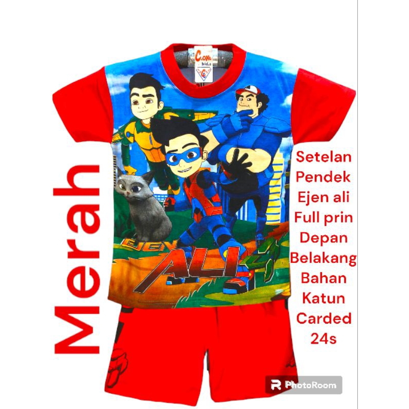 baju setelan pendek ejen ali anak laki-laki full prin depan belakang ukuran 2-13 tahun