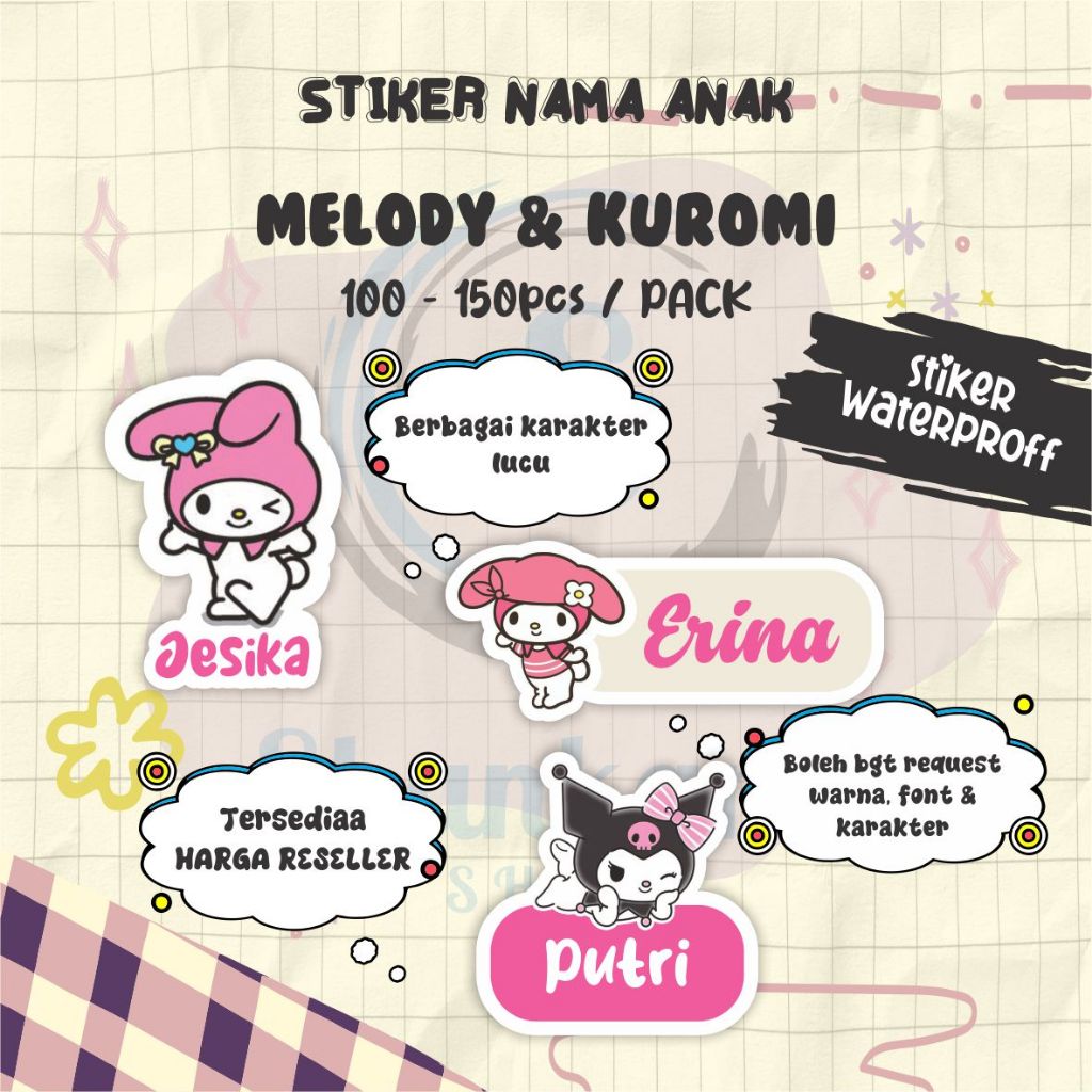 

( 100-150pcs) Stiker Nama TEMA MELODY & KUROMI / Stiker Custom / Stiker Langsung Tempel / Stiker Efek Hologram