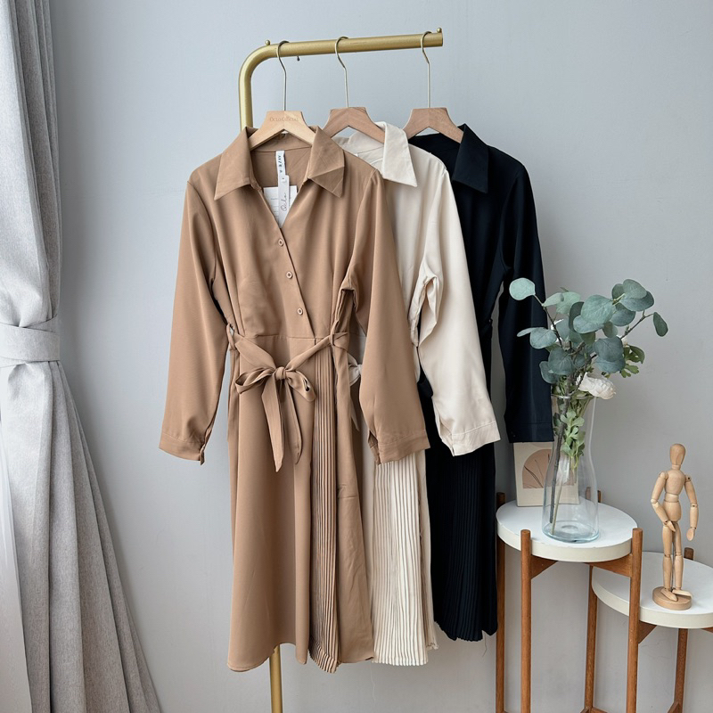 Oclo Desvila Tunic Loose Mix Mini Plisk Casual Atasan Tunik Wanita Tali Pinggang Plisket Lengan Panj