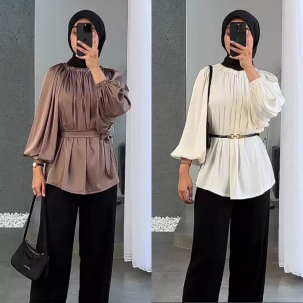 Alya Blouse Pakaian Atasan Wanita Terbaru Shimmer Korean Style Viral Lengan Balon Outfit Ootd Simple