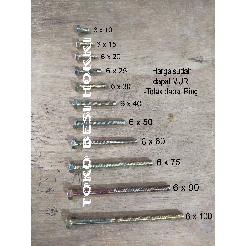 ( 5 Pcs ) Baut & Mur Kunci 10 / Baut Kuning M6 Kunci 10 (10mm-50mm)