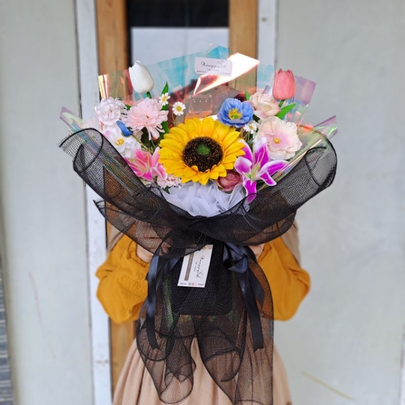Buket Bunga Matahari Artificial Mix Tulip dan Lily - Flower Bouquet Sunflower Graduation Bucket Wisu