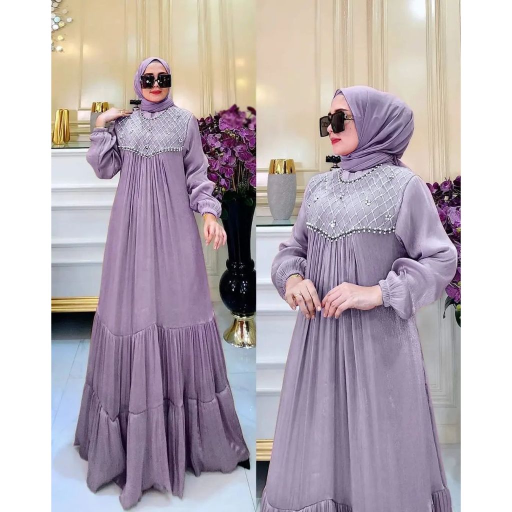 Rahila Dress / Gamis Muslim Wanita Matt Santorini / Dress Wanita Aplikasi Brukat Mix Payet Kekinian / Terlaris