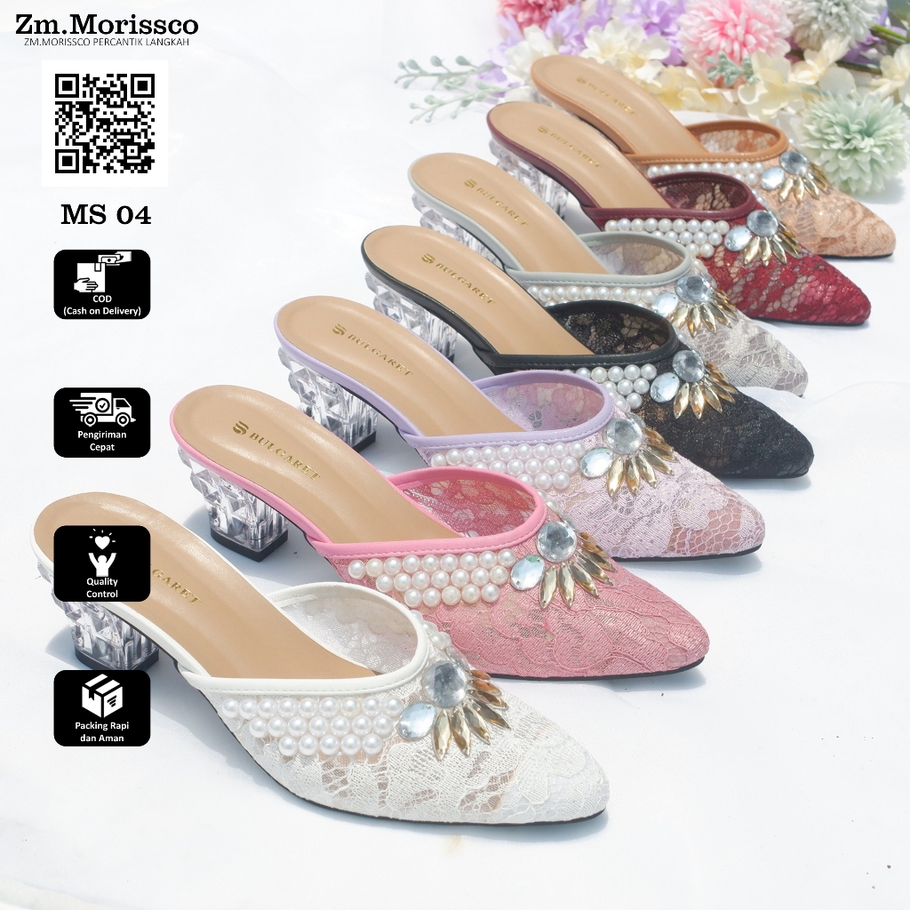 Heels Wedding/Bridal Brukat Mutiara Bunga Hak Kaca MS 04