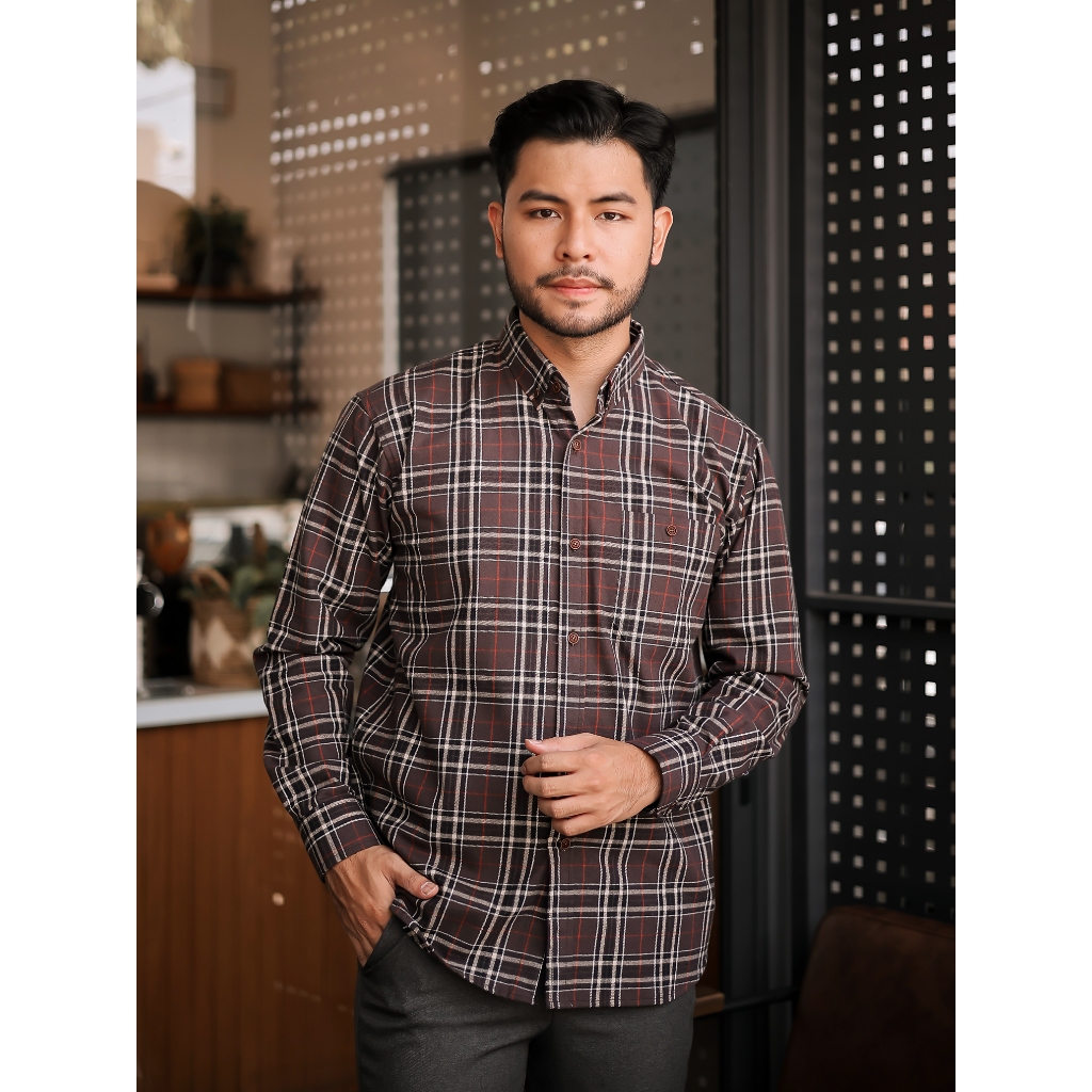 SUNFISCO Kemeja Pria Flannel Lengan Panjang Arkadia Brown