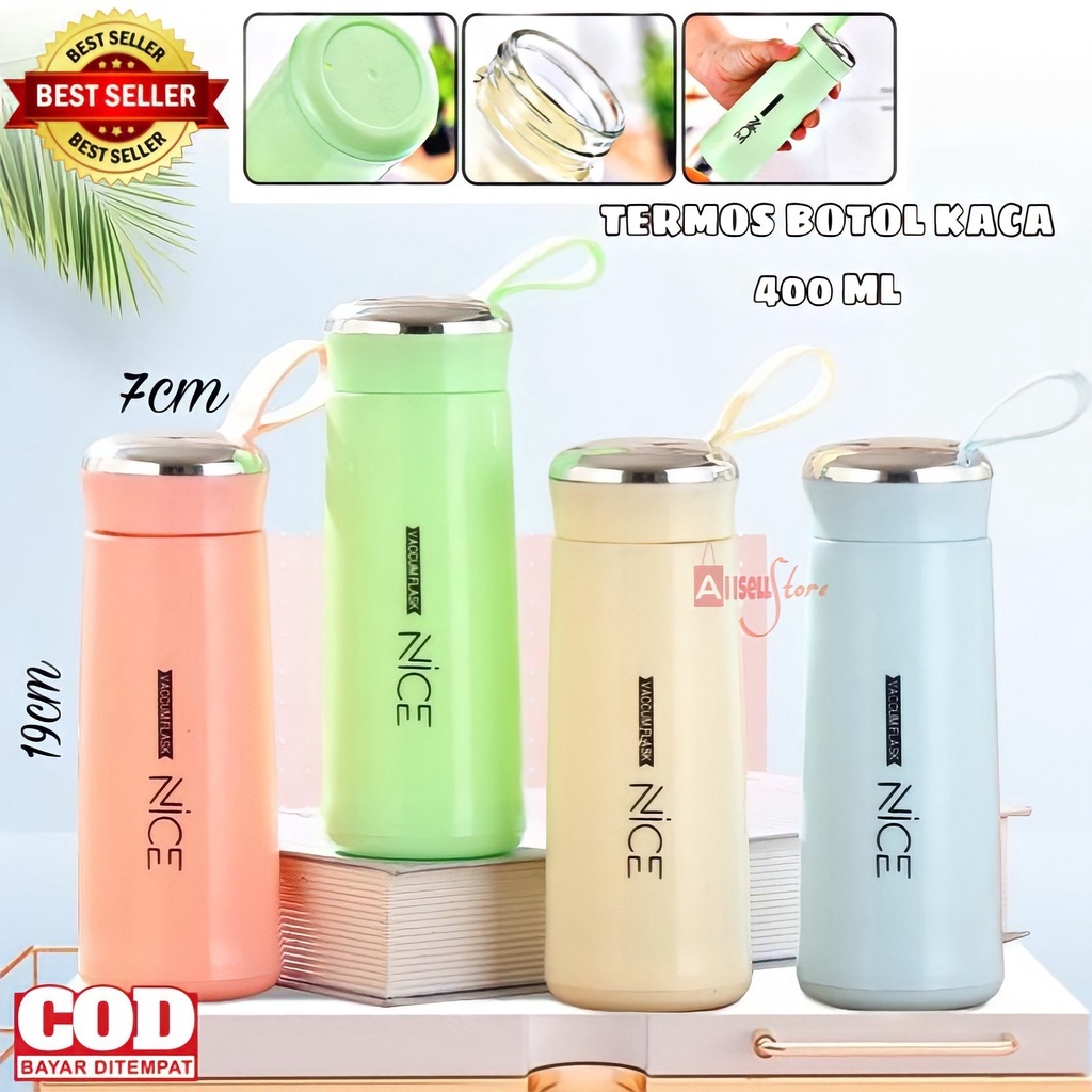 ( BISA COD ) PROMO BOTOL TERMOS KACA NICE DAY 400 ML / BOTOL MINUM AIR PANAS / DINGIN / BOTOL MINUM 