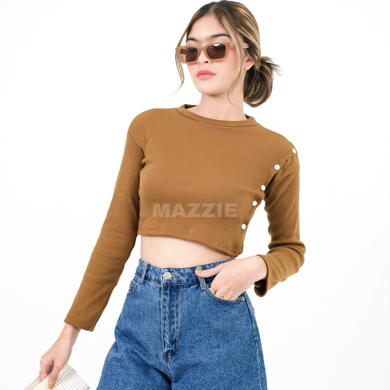 Atasan Wanita Kekinian Crop Top Lengan Panjang Kancing Samping Bahan Knit Rib Polos Premium