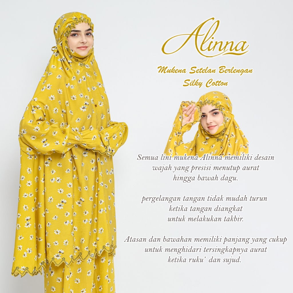 Mukena Alinna Setelan Potong Atas Bawah Berlengan Tangan Dagu Premium Silky Cotton 01