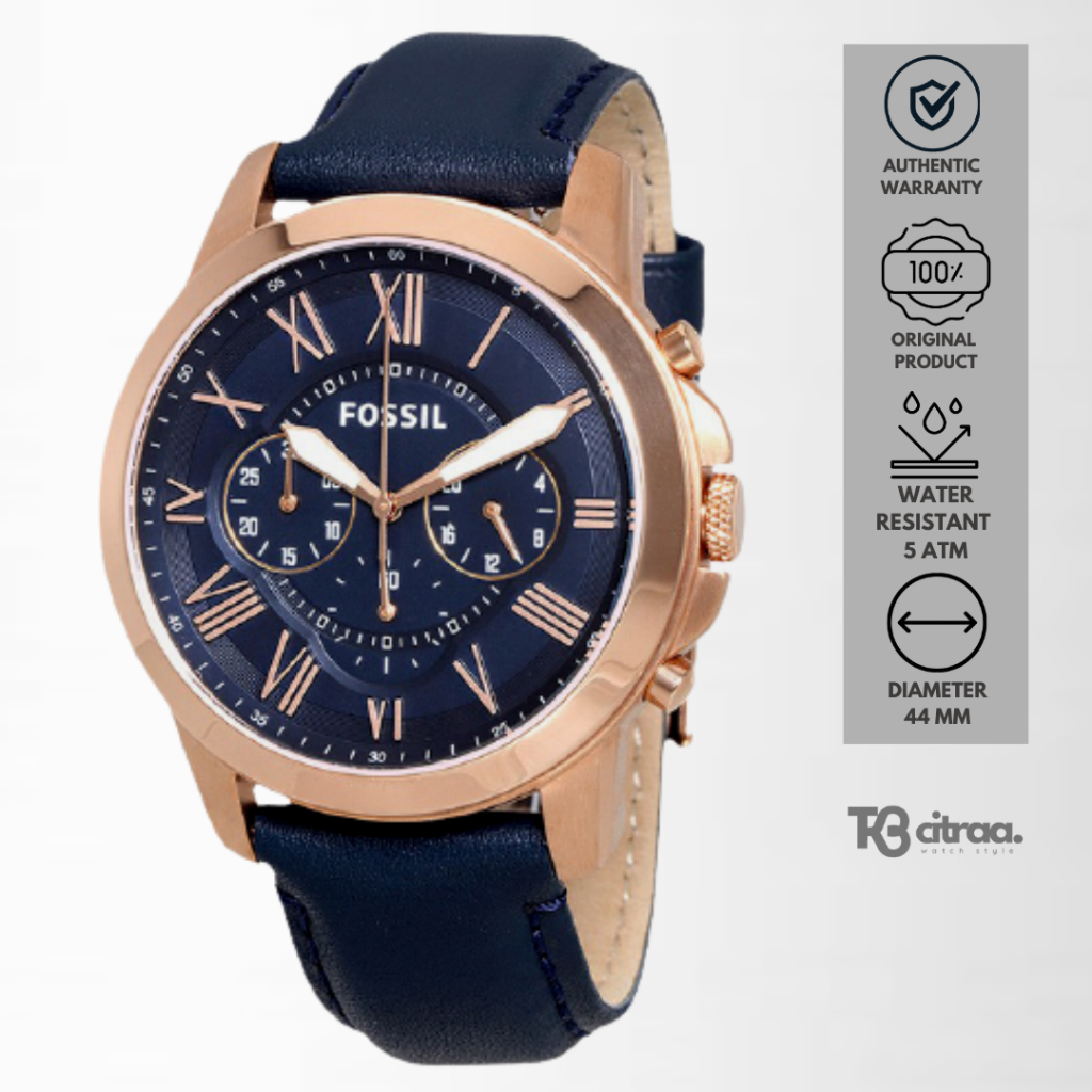 jam tangan fashion pria fossil men grant analog strap kulit cowok chronograph navy leather water resistant blue casual elegant original FS4835