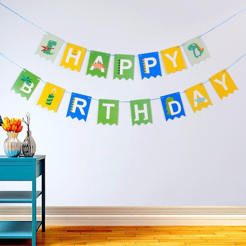 Banner tulisan happy birthday kotak karakter dinosaurus / baner bunting flag hbd dino segilima / ben