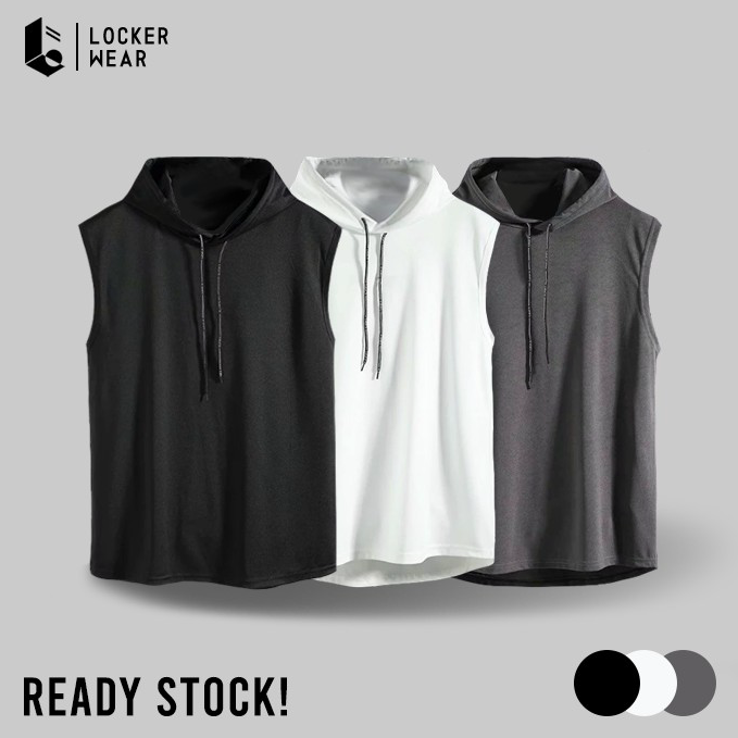 Nikmati Hoodie Singlet Pria Tanpa Lengan Sleeveless Tank Top Kaos Sweater Polos Olahraga Casual Gym 