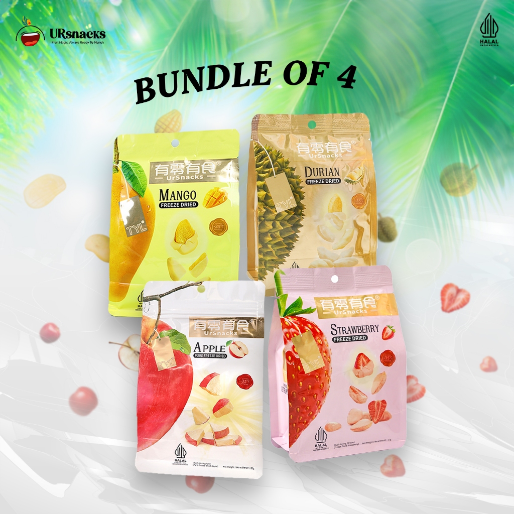 

URSNACKS PAKET HEMAT BUNDLE 4 - FREEZE DRIED KERIPIK SEHAT DURIAN 32gr + MANGO 32gr + STRAWBERRY 22gr + APPLE 22gr BUAH VAKUM SEHAT LOW SUGAR