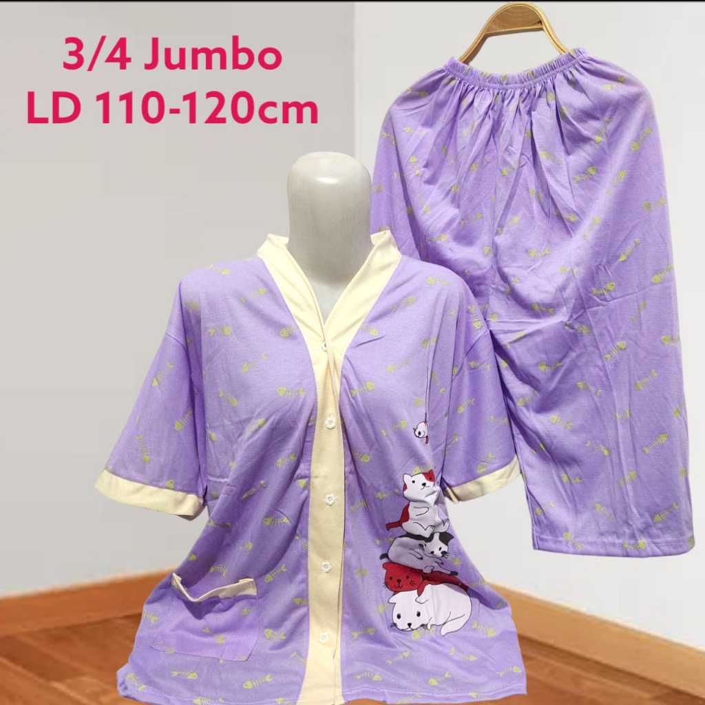 Set BabyDoll Full Kancing 3/4 Jumbo Bahan Kaos Celana Kulot Baju Tidur Wanita LD 110-120cm