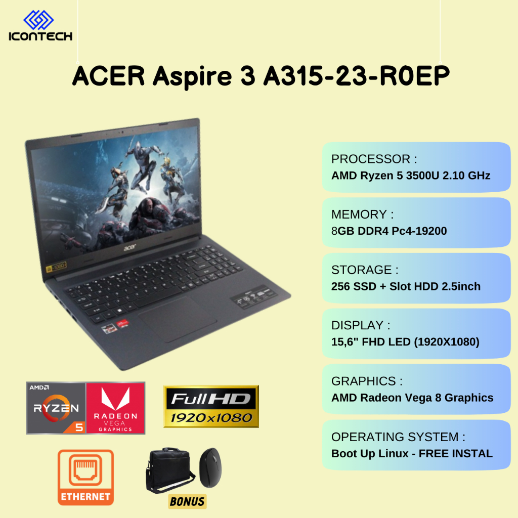 ACER Aspire 3 A315-23-R0EP | AMD Ryzen 5 3500U | 256GB SSD | 15,6" FHD